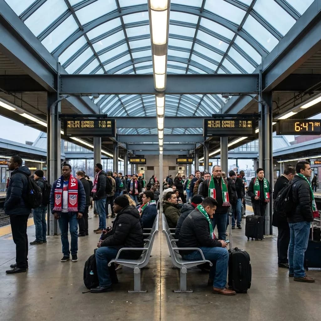 World Cup Final Week NYC: The 72-Hour Countdown Before MetLife Kicks Off — Wide shot of the NJ Transit Secaucus Junction upper platform at 6:47 AM Thursday