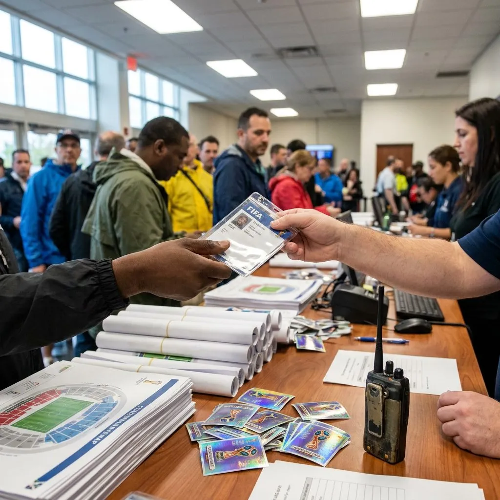 World Cup Final Week NYC: The 72-Hour Countdown Before MetLife Kicks Off — Close view of hands—one Black, one White—exchanging a laminated FIFA credential