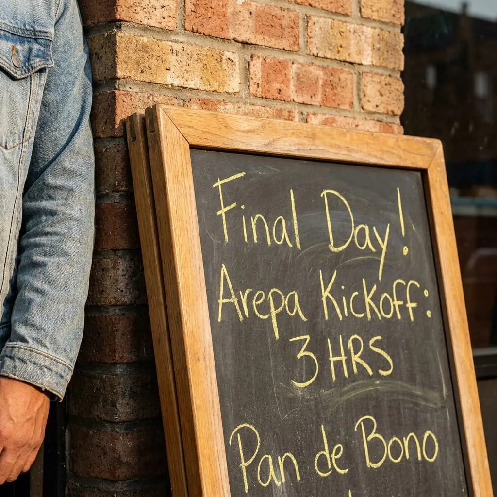 World Cup Final Week NYC: The 72-Hour Countdown Before MetLife Kicks Off — Tight detail of a chalkboard menu outside a Colombian bakery on 82nd Street in J