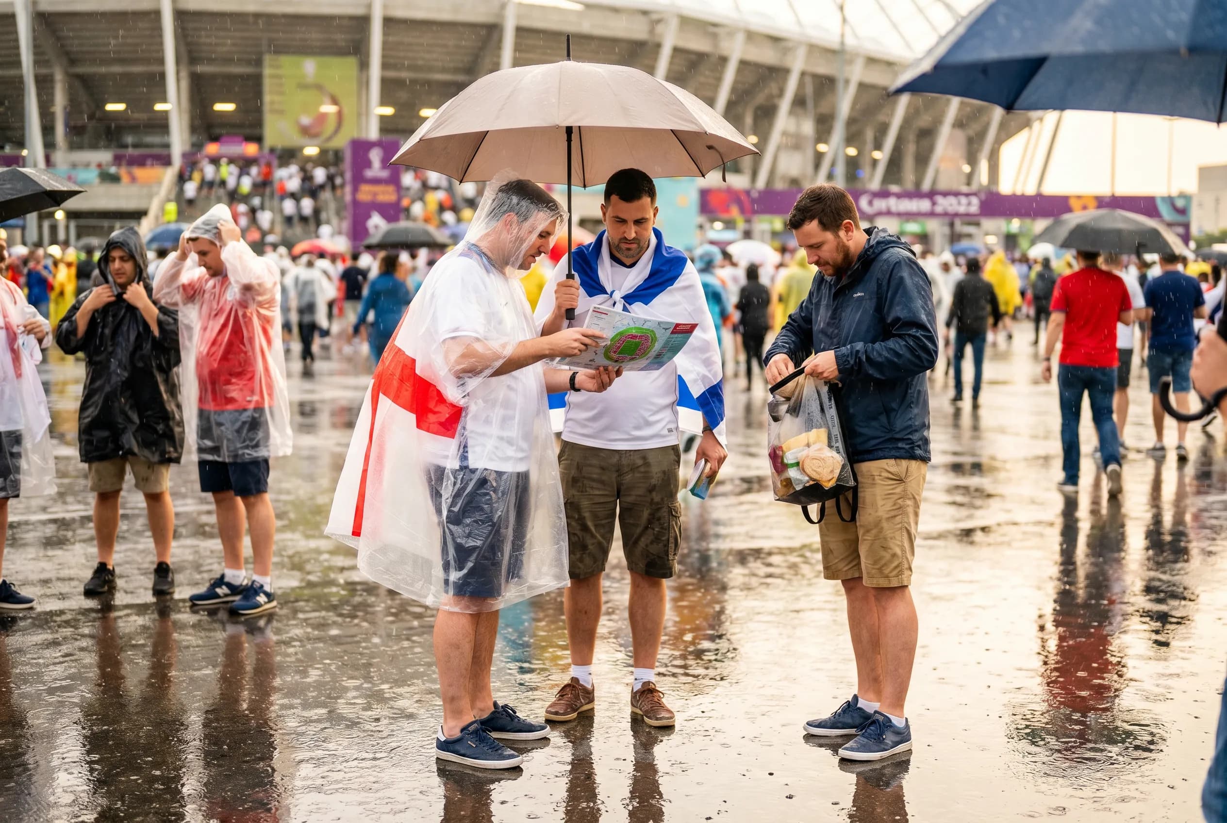 A bright practical scene for world cup heat lluvia and lightning weather guide.