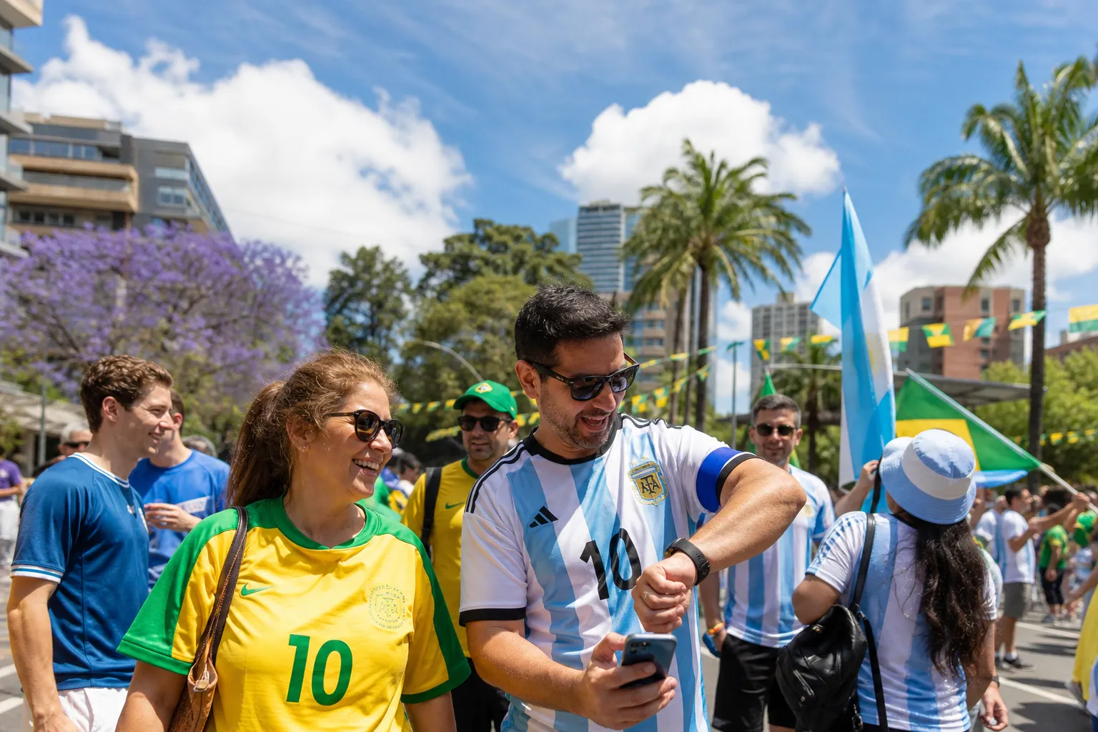 World Cup supporters navigating Atlanta · Miami · New York during match day.