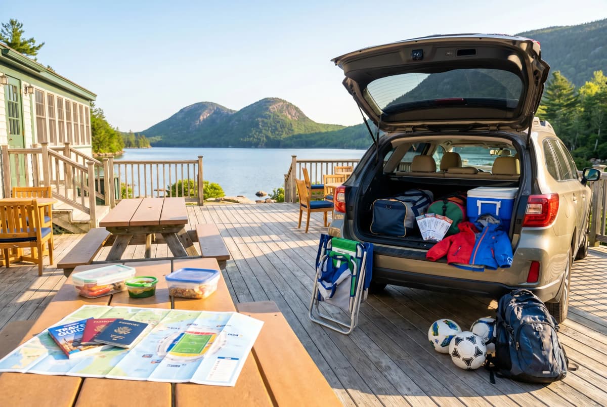 A bright practical scene for world cup vacaciones guide for family soccer trips.