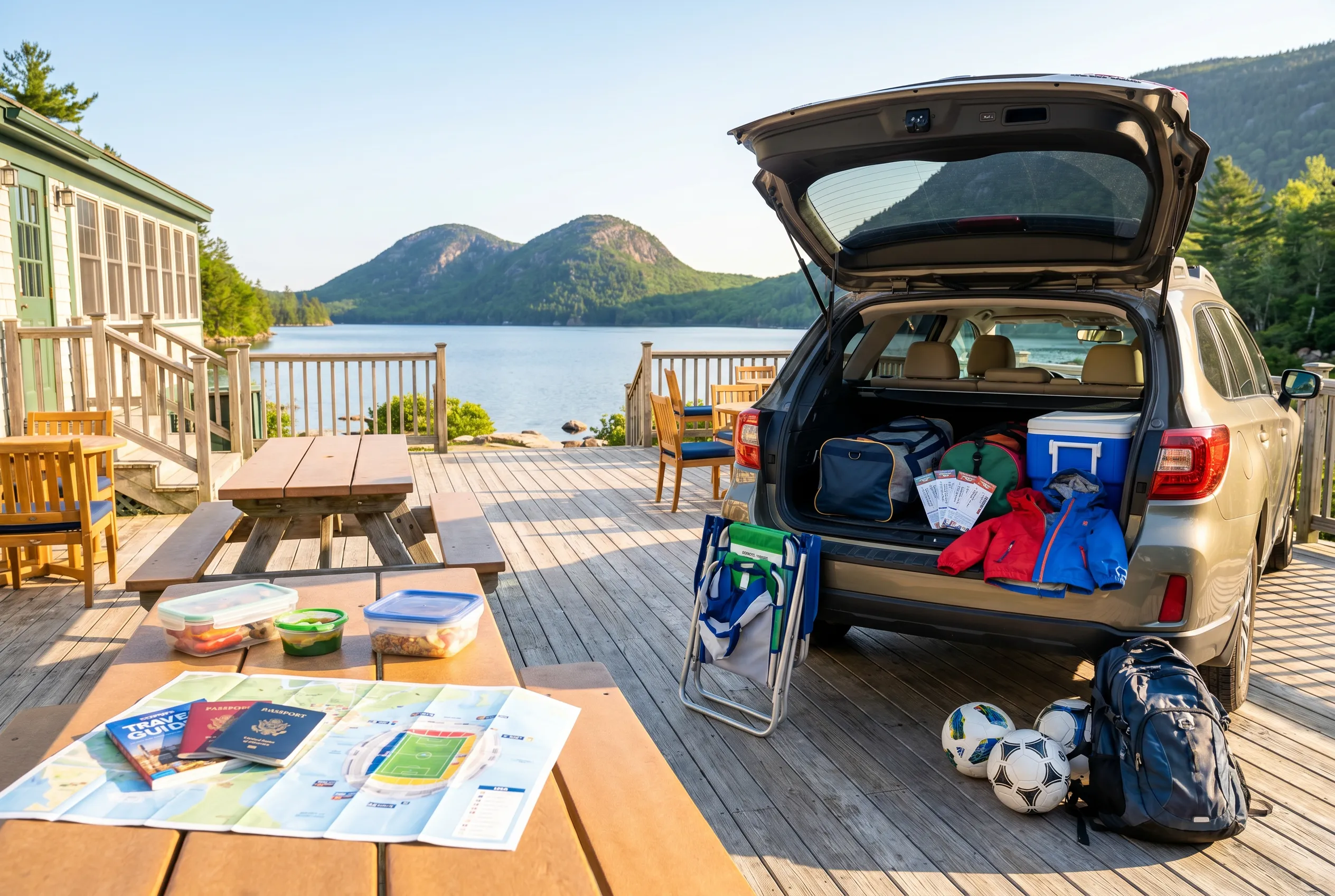 A bright practical scene for world cup vacaciones guide for family soccer trips.