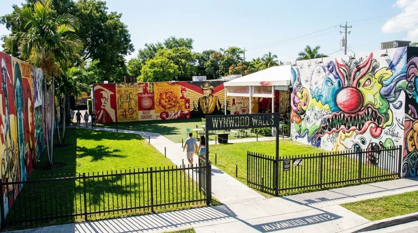 Colorful street murals covering warehouse walls in Wynwood, Miami