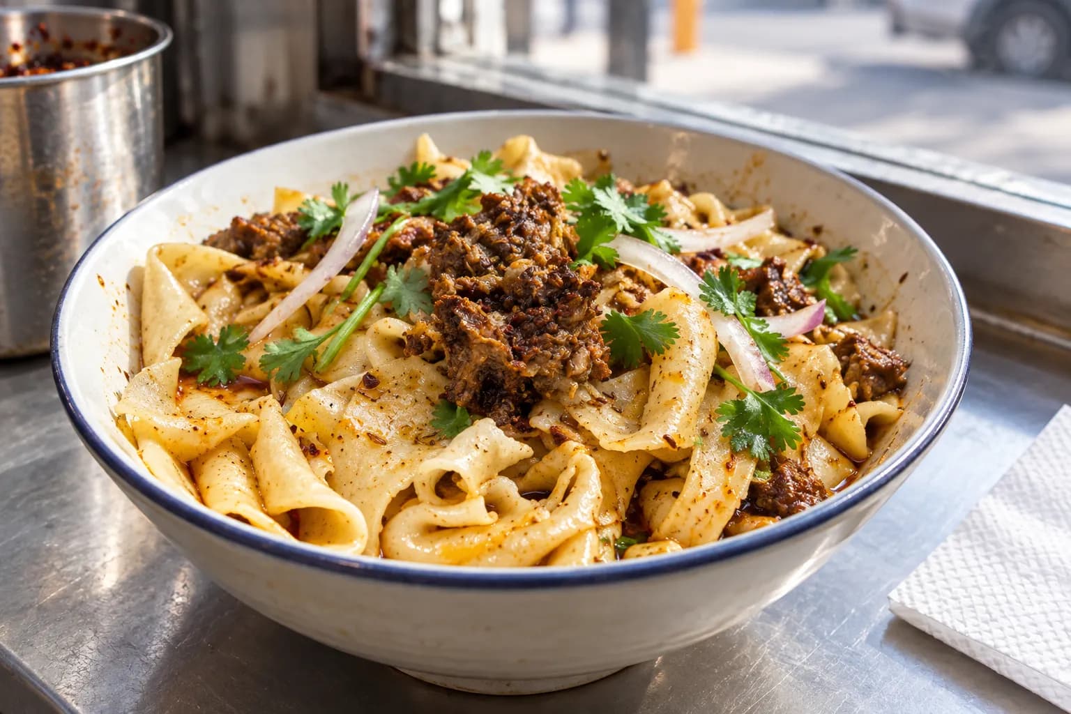 Bowl of wide hand-ripped wheat noodles glossy with chilli oil, topped with cumin-crusted lamb, sliced onion and coriander on a plain counter shelf