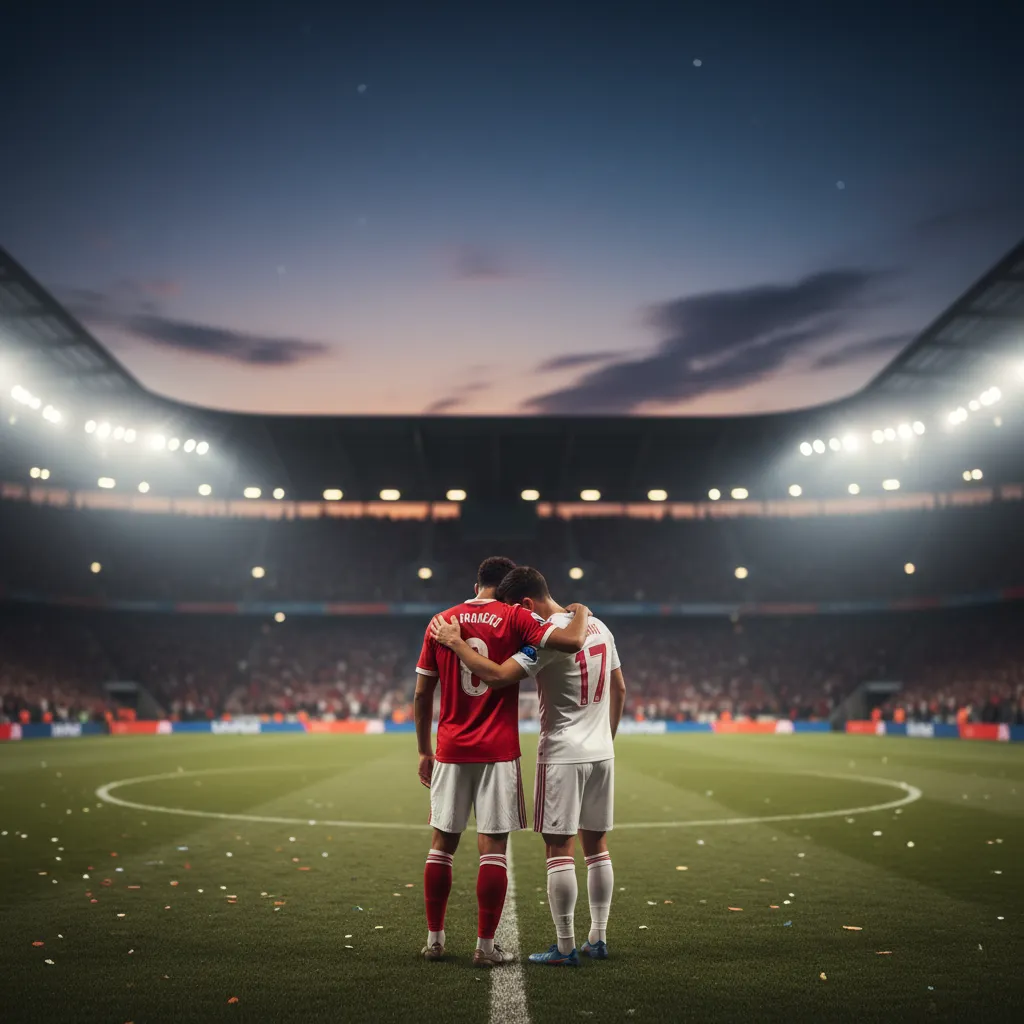 Two opposing players embrace in consolation on the pitch after a World Cup elimination