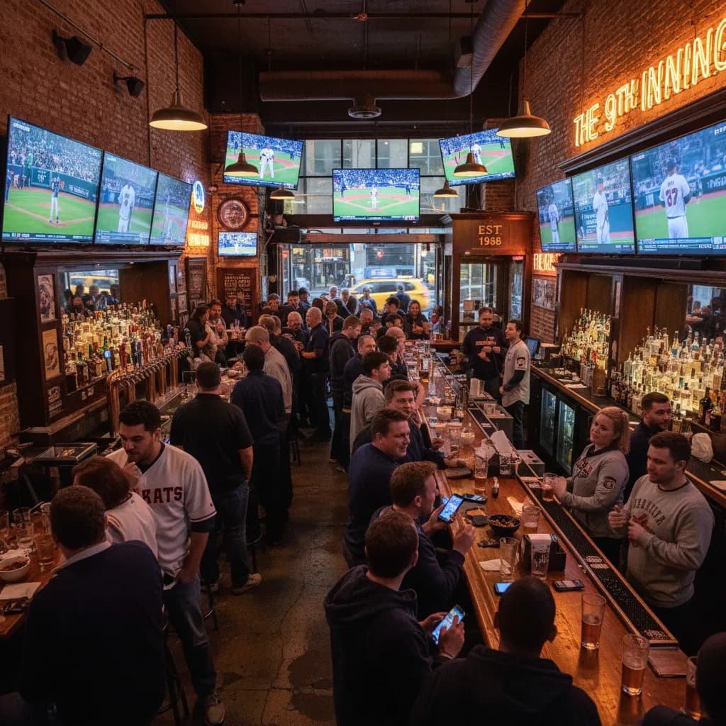 A busy New York sports bar with baseball on multiple screens and fans gathered at tables.