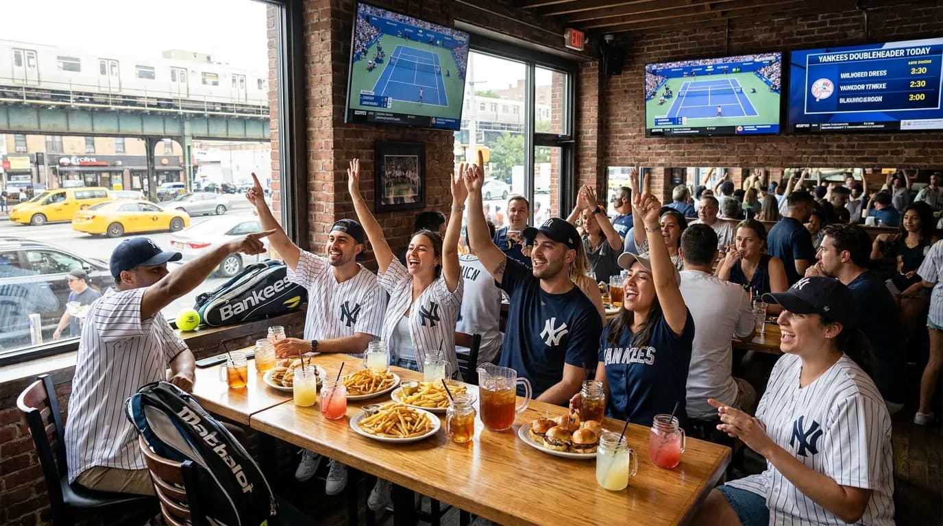 Photorealistic US Open tennis scene for Yankees Doubleheader Planning During US Open Week.