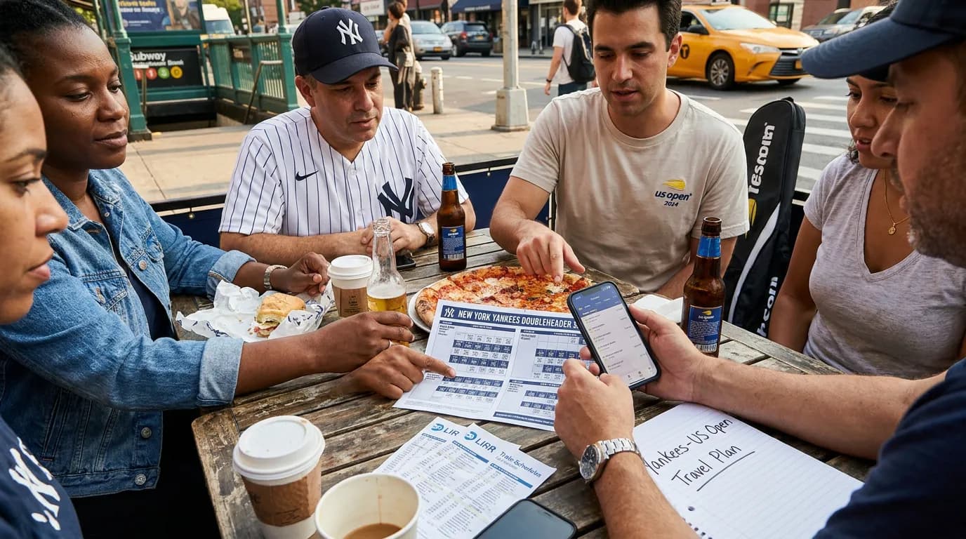 Photorealistic tennis scene illustrating Yankees Doubleheader Planning During US Open Week.