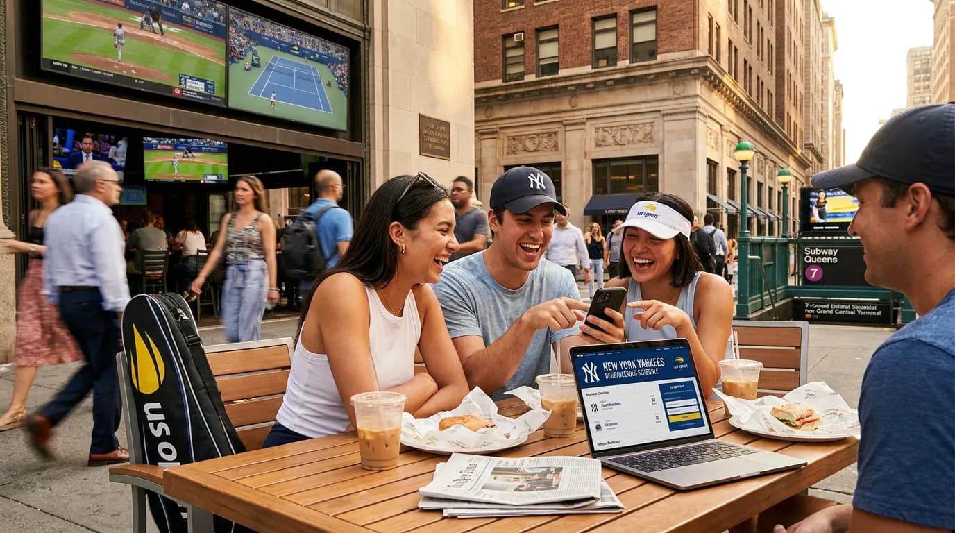 Bright US Open tennis atmosphere illustrating Yankees Doubleheader Planning During US Open Week.