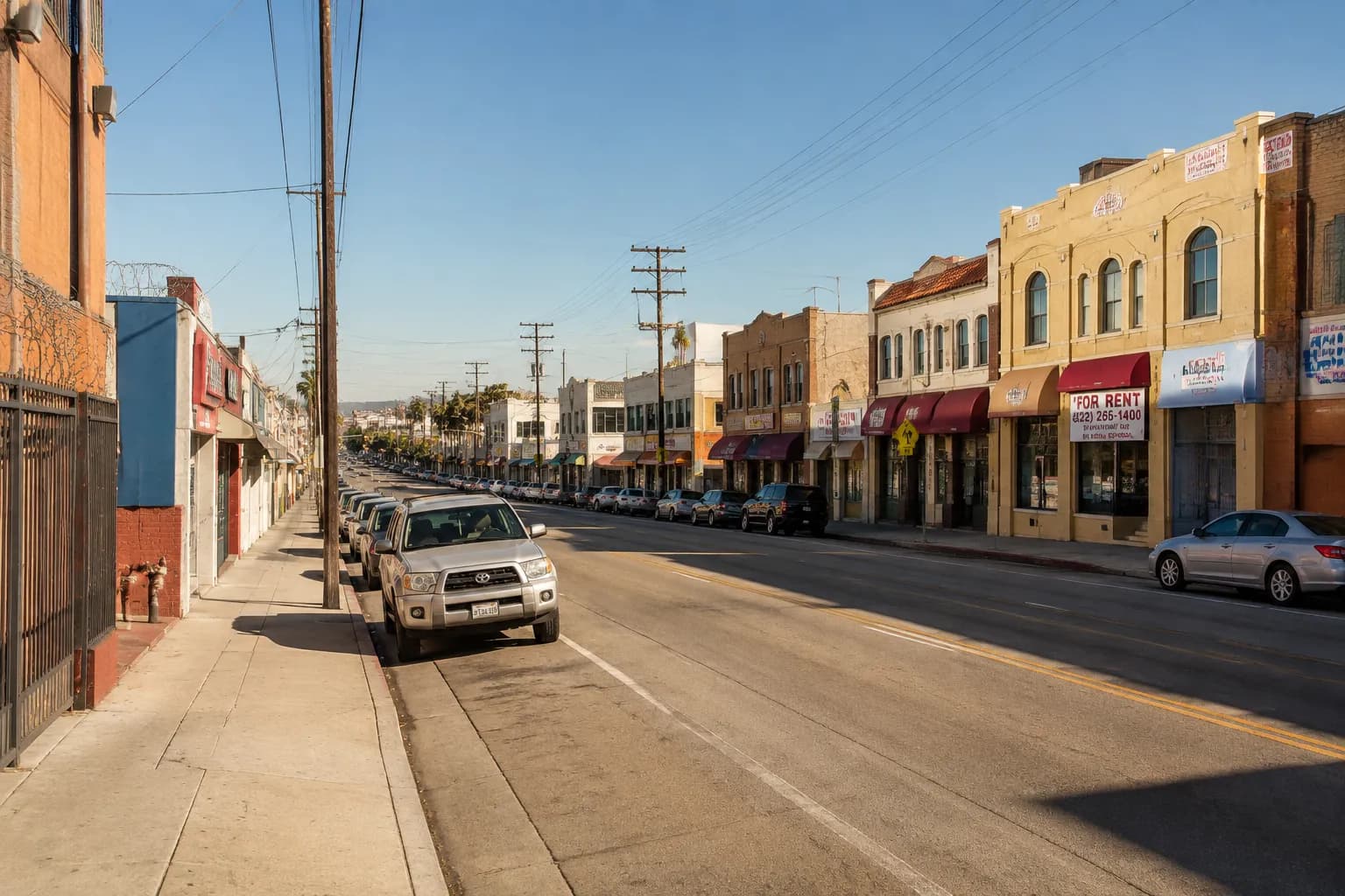 Washington Boulevard in Boyle Heights on a clear weekend morning with storefronts and parked cars