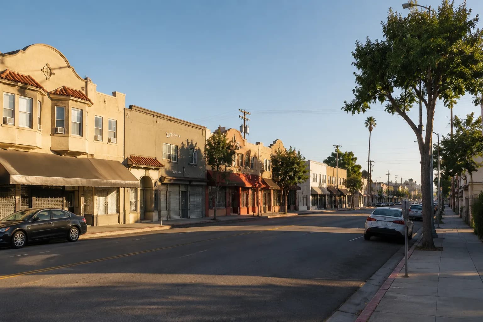 Figueroa Avenue in Highland Park on a quiet Sunday morning with storefronts and street parking