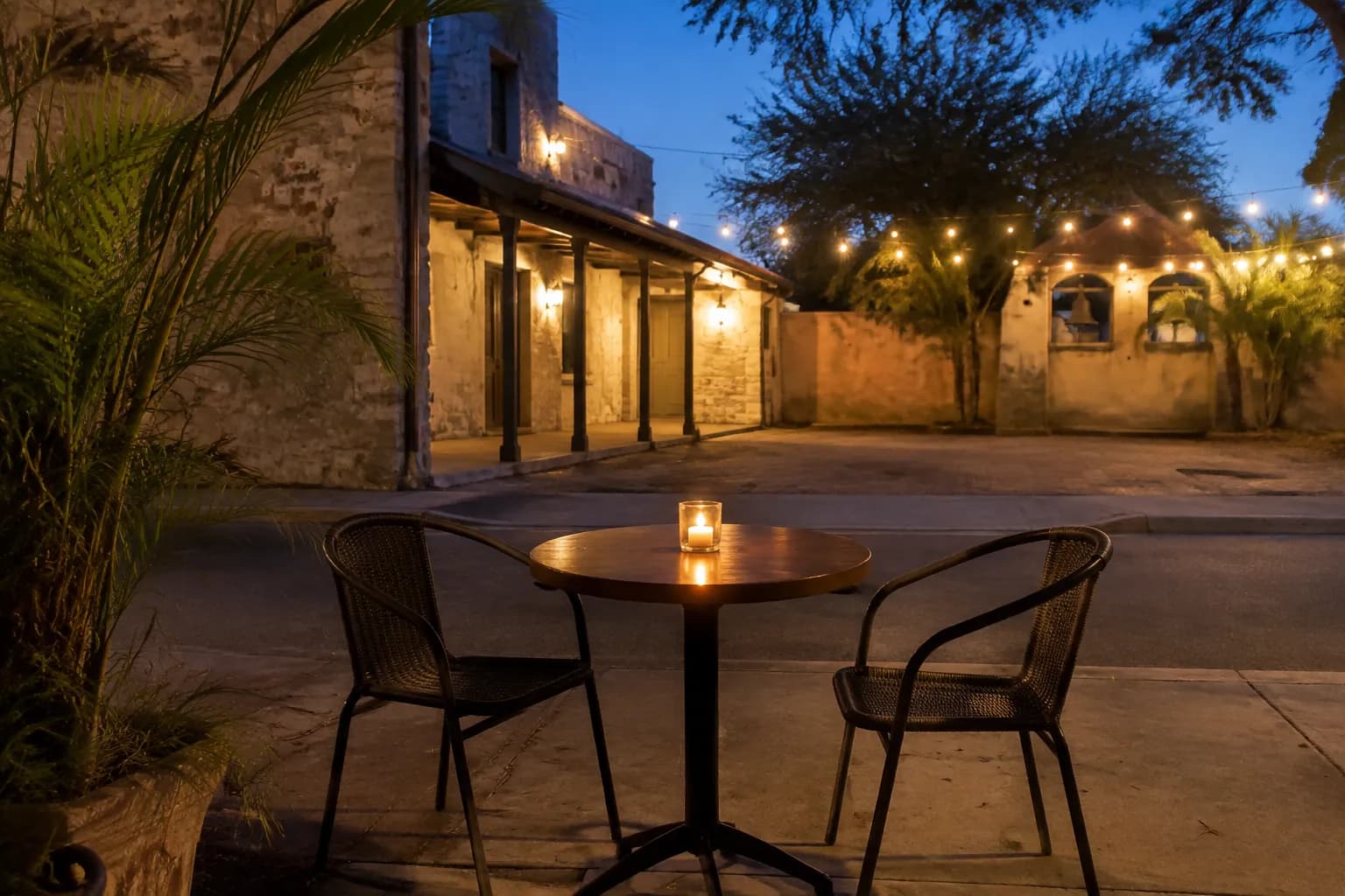 Empty café table with chairs and candlelight on a Coconut Grove sidewalk at dusk