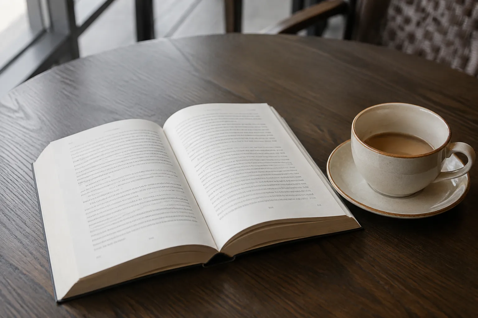 Open paperback book and coffee cup on a café table in soft natural light