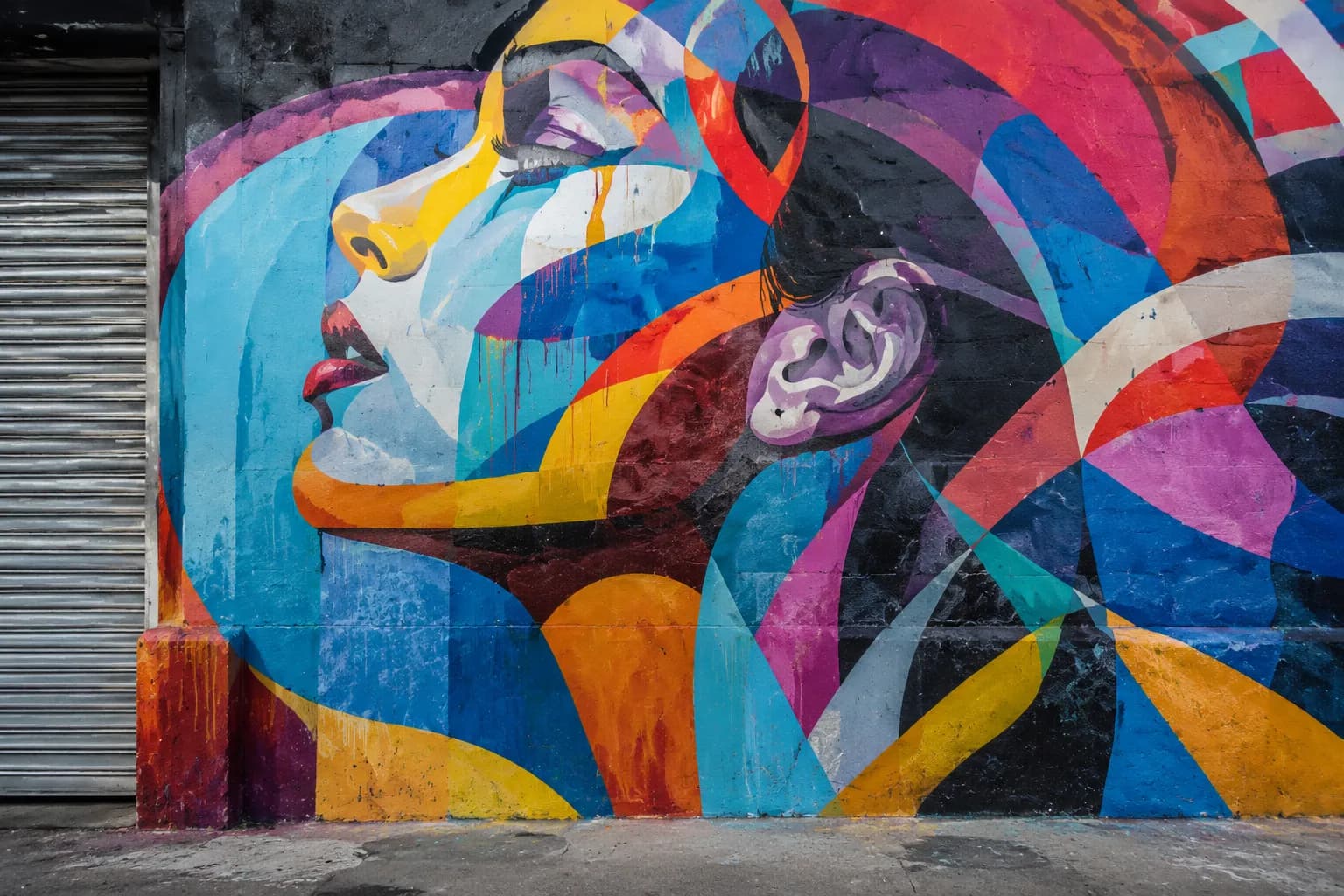 Colorful street art mural on warehouse wall in Miami's Wynwood Arts District