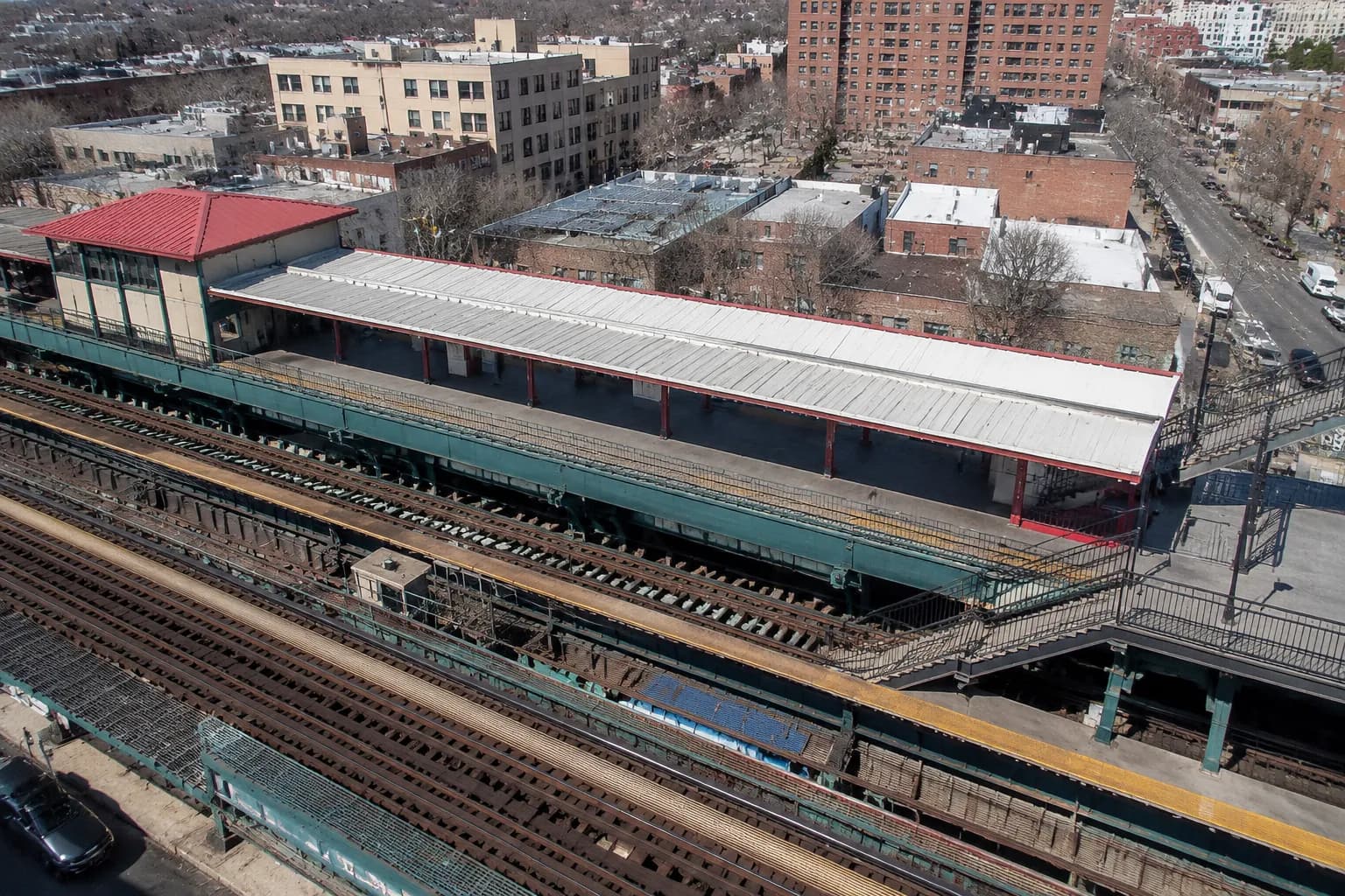 Elevated view of Court Square subway transfer station in Queens showing platform and surrounding blocks