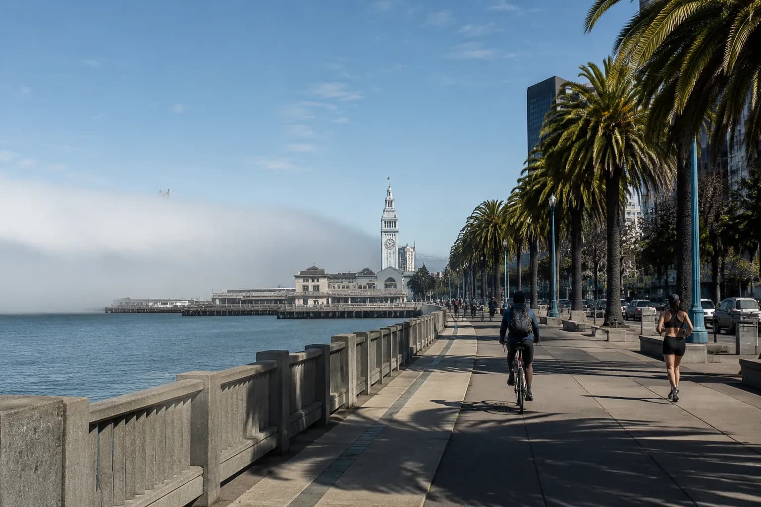 Embarcadero waterfront promenade with Ferry Building and fog over San Francisco Bay