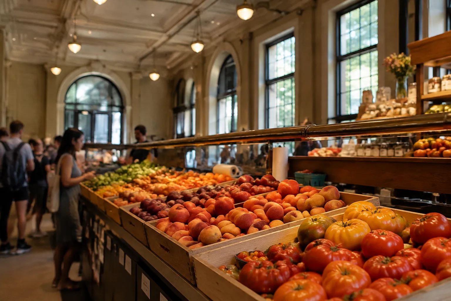 Produce stalls inside Ferry Building marketplace with morning light on wooden crates of fresh fruit