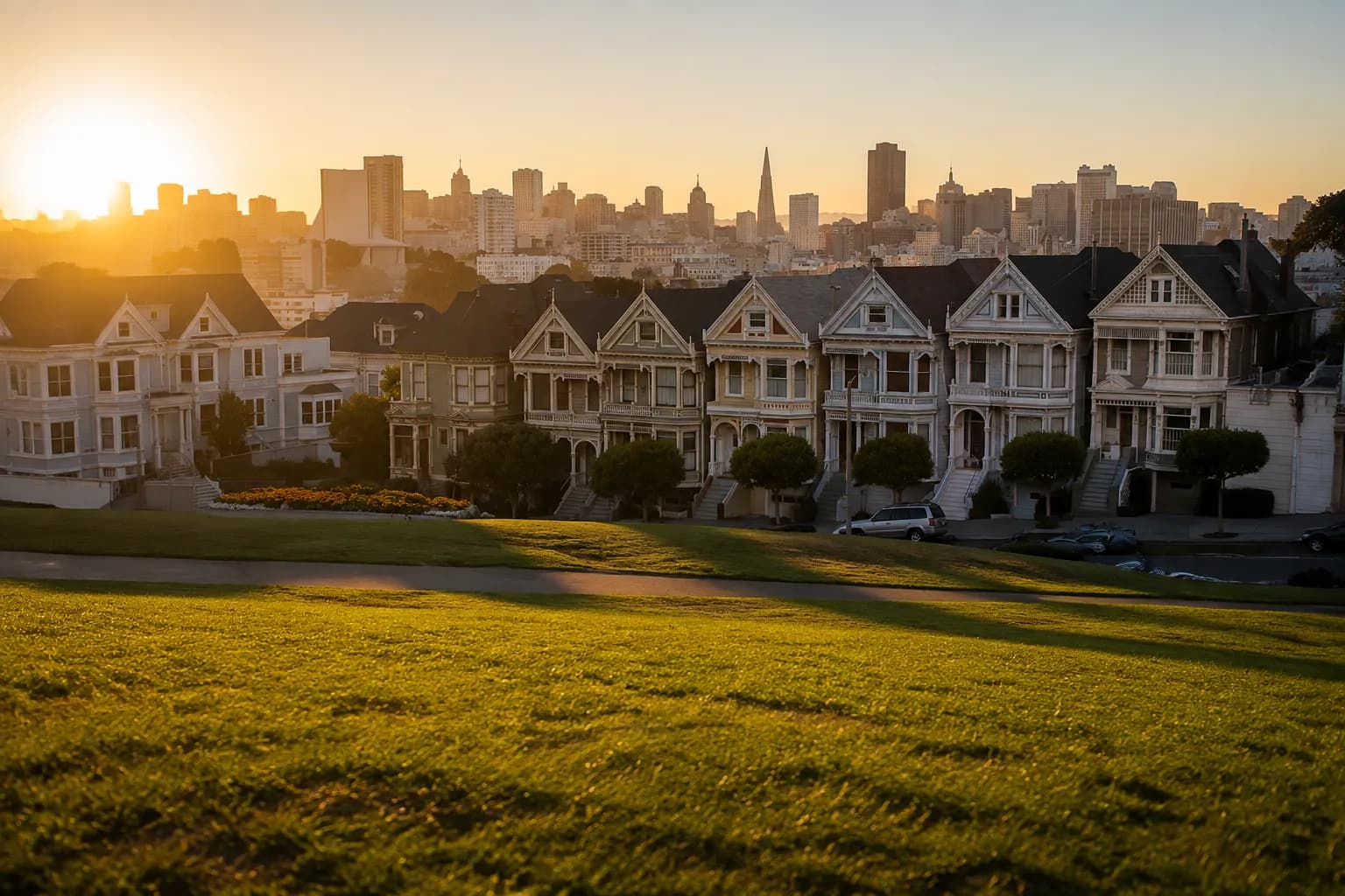 Painted Ladies Victorian houses seen from Alamo Square park in San Francisco, with downtown skyline in the background at sunset
