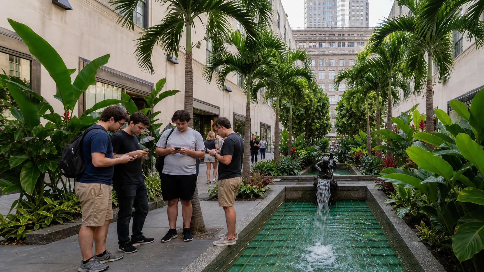 Gamers checking phones near Rockefeller Center in Midtown Manhattan.