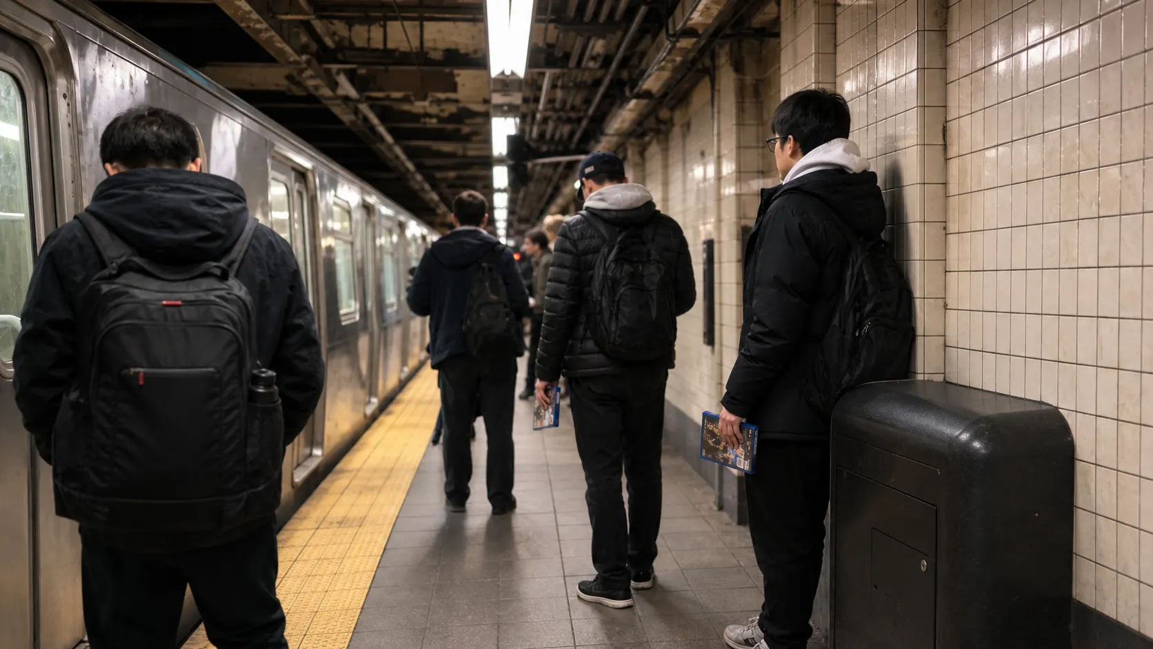 Subway riders near Rockefeller Center carrying gaming bags.