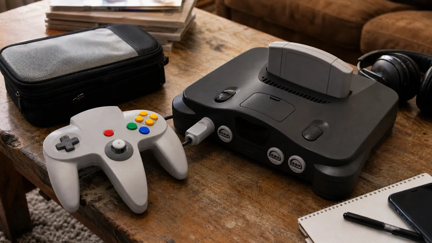 A retro game controller on a coffee table with gaming accessories.