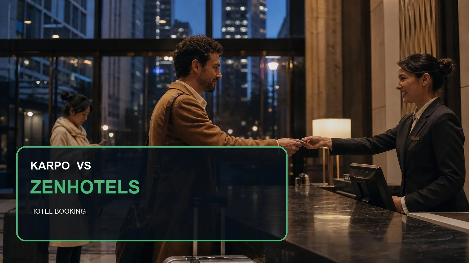 Karpo versus ZenHotels in a photorealistic editorial city comparison.