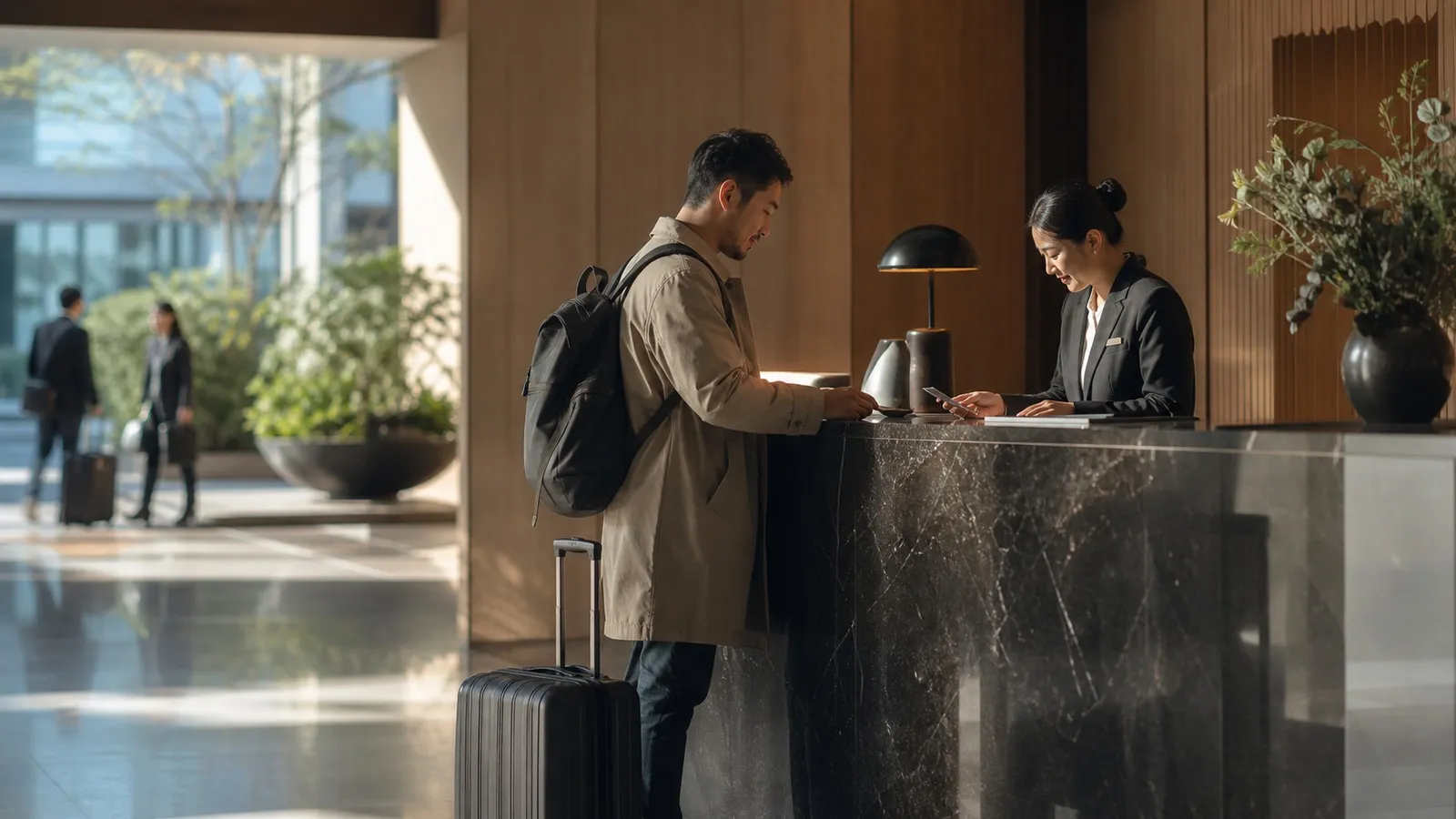 Photorealistic editorial comparison of Karpo and ZenHotels in a real city decision.