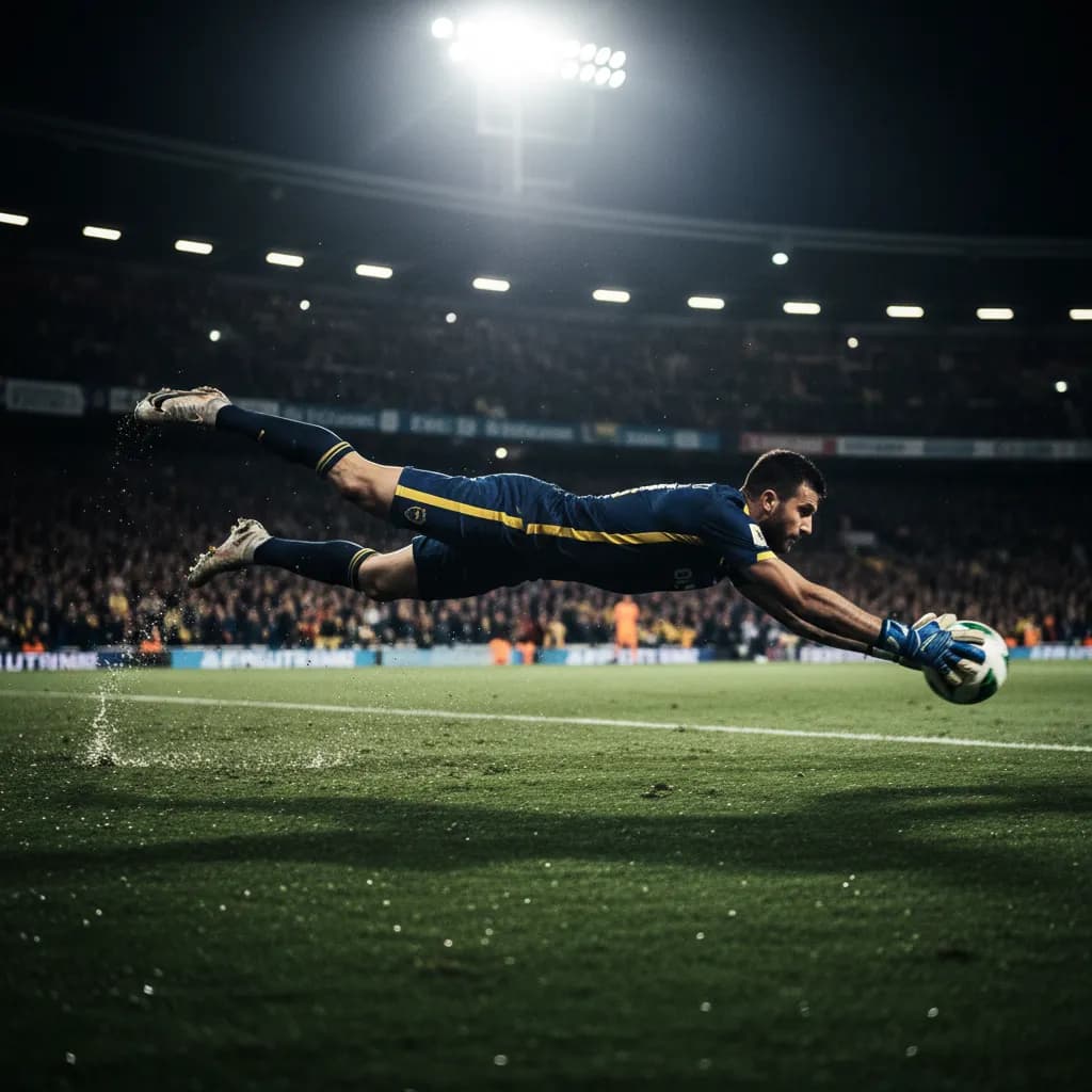 A goalkeeper makes a spectacular diving save under stadium lights