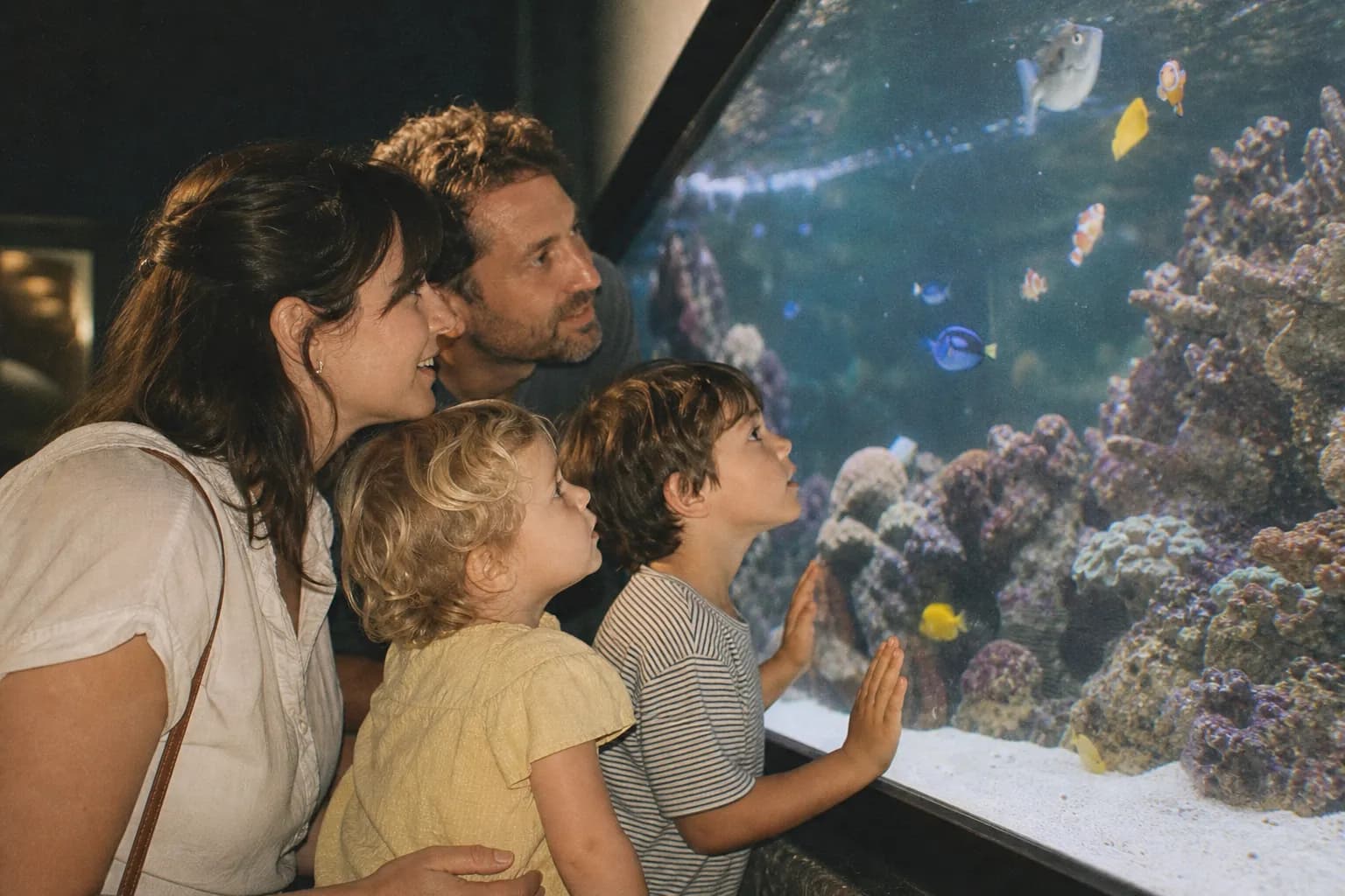 A family looking into a large glowing aquarium tank full of fish