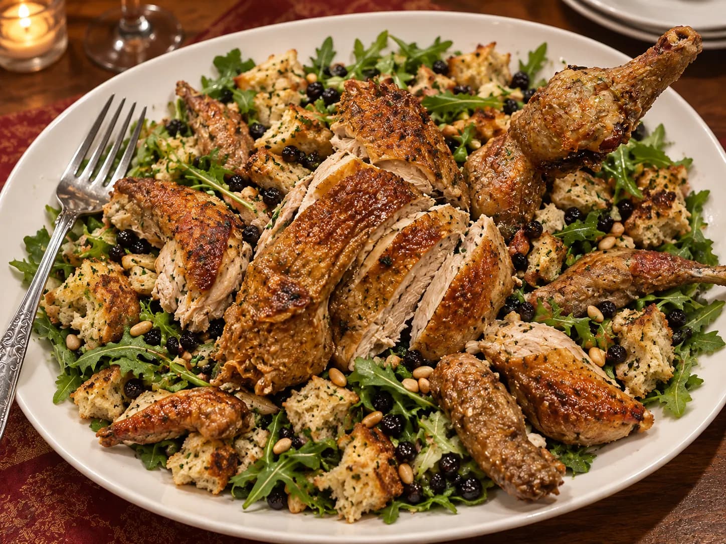 Whole roast chicken with crisp burnished skin carved over a warm torn-bread salad with greens, currants and pine nuts on a large white oval platter